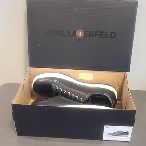 Karl Lagerfeld Men’s Black Leather Sneakers with White Sole